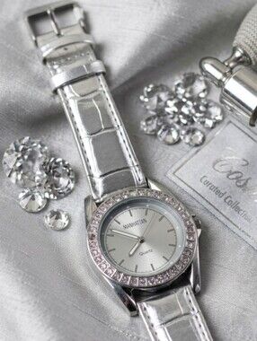 ​Manhattan by Croton Women’s Silver Quartz Watch Crystal Bezel Leather Strap